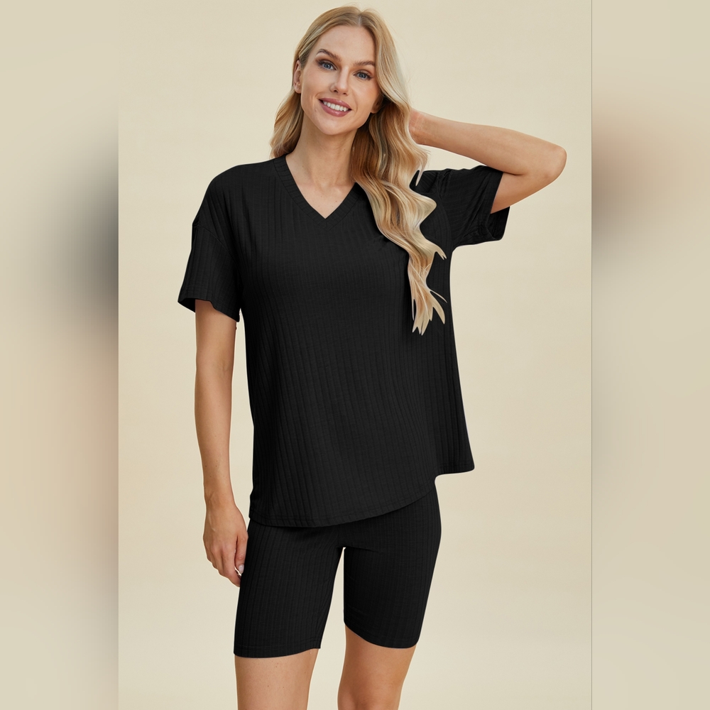 Basic Bae Full Size Ribbed V-Neck Short Sleeve Top and Shorts Set
